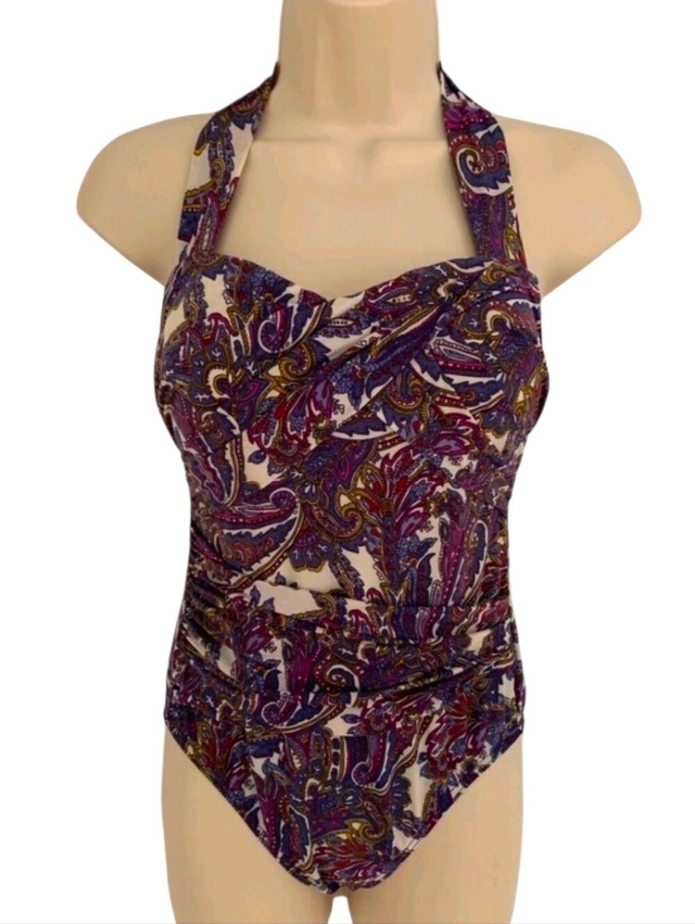 Lands’End Swimsuit OnePiece Ruched Wrapped Slimming Soft Cup Wireless Paisley 14 - Picture 2 of 16